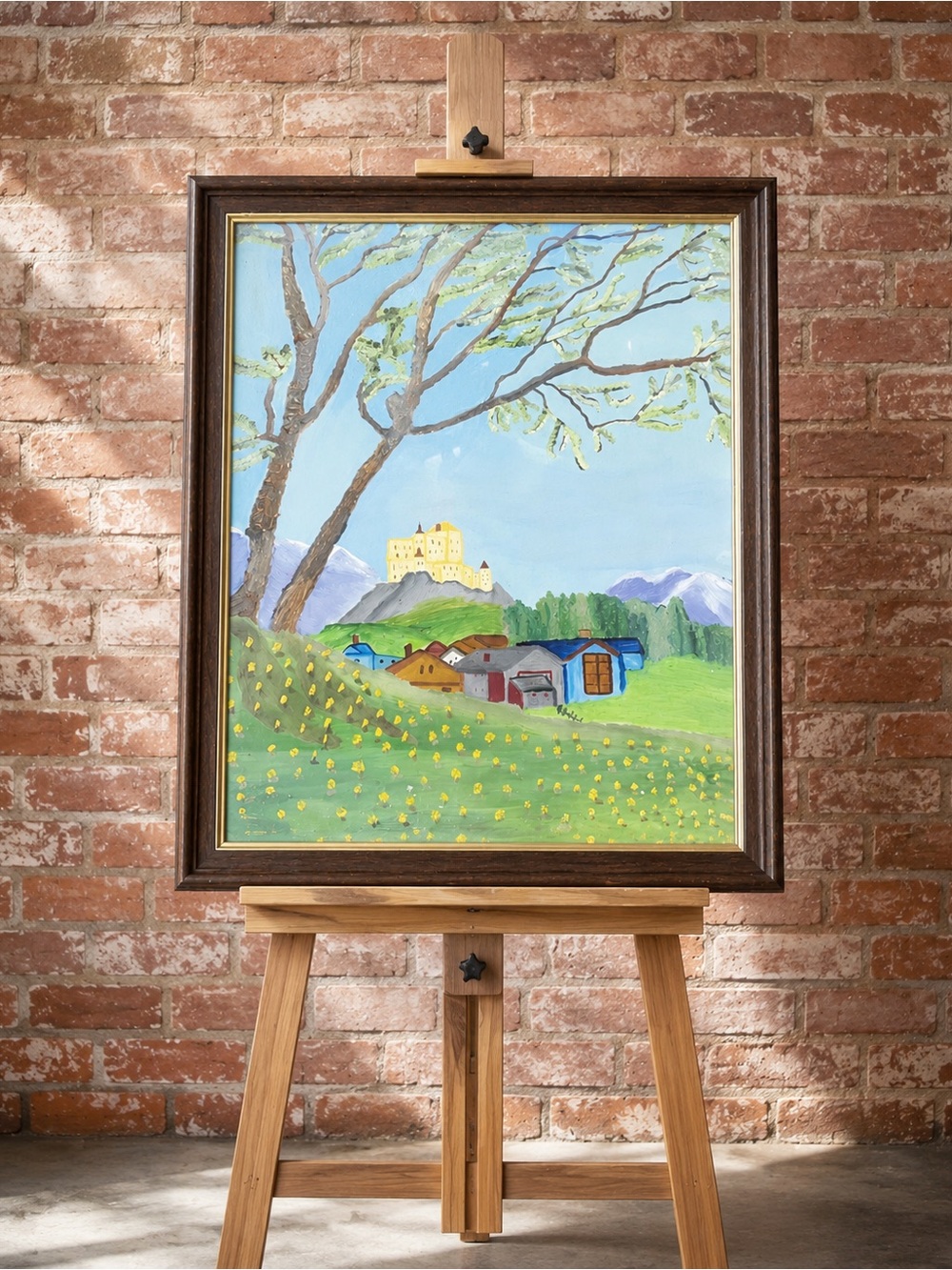 Original Vintage Framed Alpine Landscape Folk Art Painting